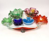 Seven Murano glass small bowls, one in the form of a long boat, 33.5cm long