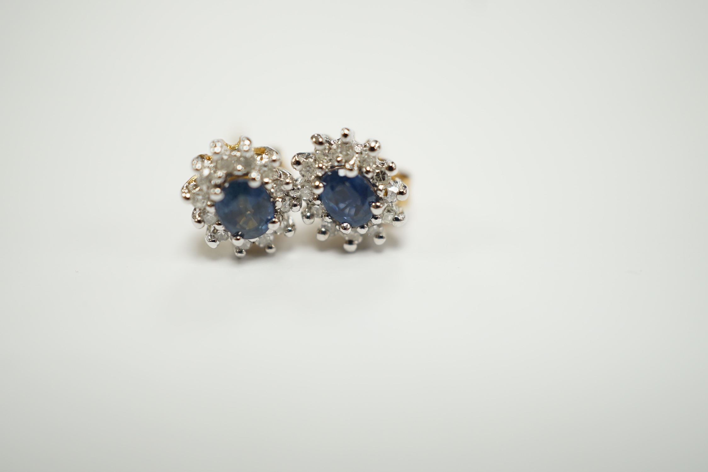 A pair of yellow metal, sapphire and diamond set oval cluster ear studs, 7mm, gross weight 1.3 - Image 2 of 4