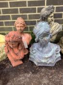 Four various stone and terracotta garden busts, largest height 52cm