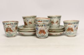 A set of six early 18th century Chinese cups and saucers with Dutch enamelled decoration, c.1710,