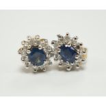 A pair of yellow metal, sapphire and diamond set oval cluster ear studs, 7mm, gross weight 1.3