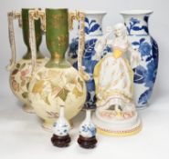 A late 19th century Continental figurine, two pairs of vases and a pair of Japanese miniature