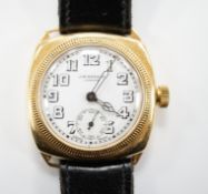 A gentleman's yellow metal J.W. Benson manual wrist watch, with Arabic dial and subsidiary