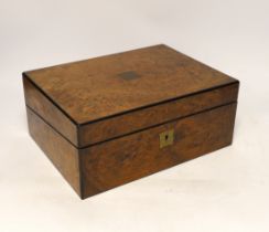 A Victorian burr walnut writing box with tooled leather slope and brass mounts, 30cm wide