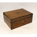 A Victorian burr walnut writing box with tooled leather slope and brass mounts, 30cm wide