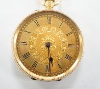 A continental engraved 18k gold open face fob watch, with Roman dial, gross weight 38.5 grams.