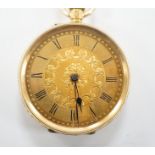 A continental engraved 18k gold open face fob watch, with Roman dial, gross weight 38.5 grams.