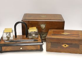 A walnut inkstand, an oak strong box and a rosewood box, 30cm x 18cm high