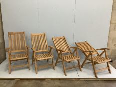 A set of four 'Canterbury Collection' brass mounted teak folding garden armchairs, width 62cm,