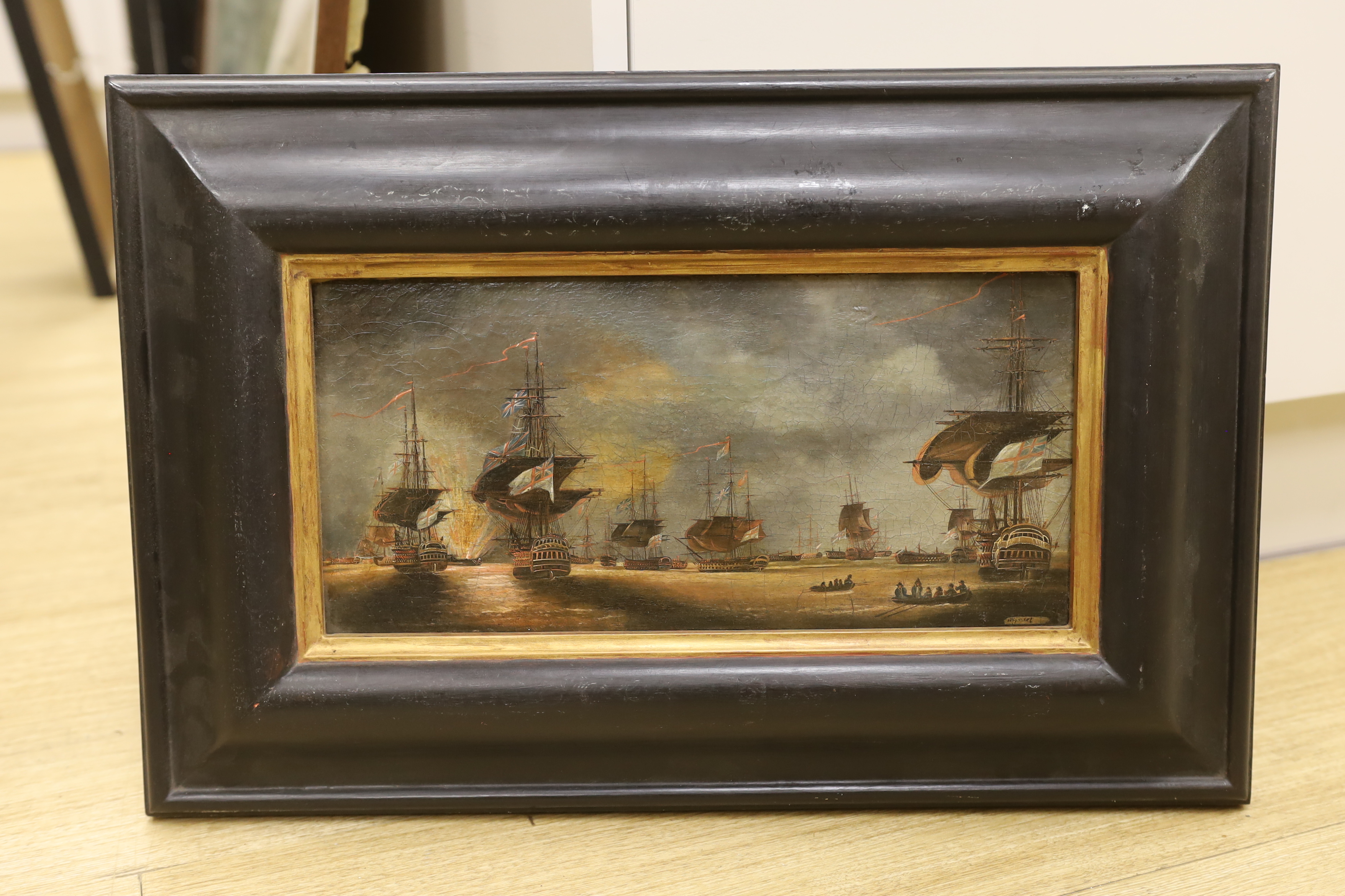 Wigmore (?), 19th century, oil on canvas, British naval and fire ships in a harbour, signed, 17 x - Image 2 of 3