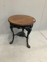 A Victorian circular cast iron and mahogany Britannia pub table, diameter 62cm, height 72cm