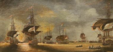 Wigmore (?), 19th century, oil on canvas, British naval and fire ships in a harbour, signed, 17 x