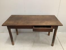 A 19th century French rectangular fruitwood kitchen table with single drawer, width 152cm, depth