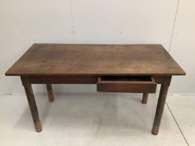 A 19th century French rectangular fruitwood kitchen table with single drawer, width 152cm, depth