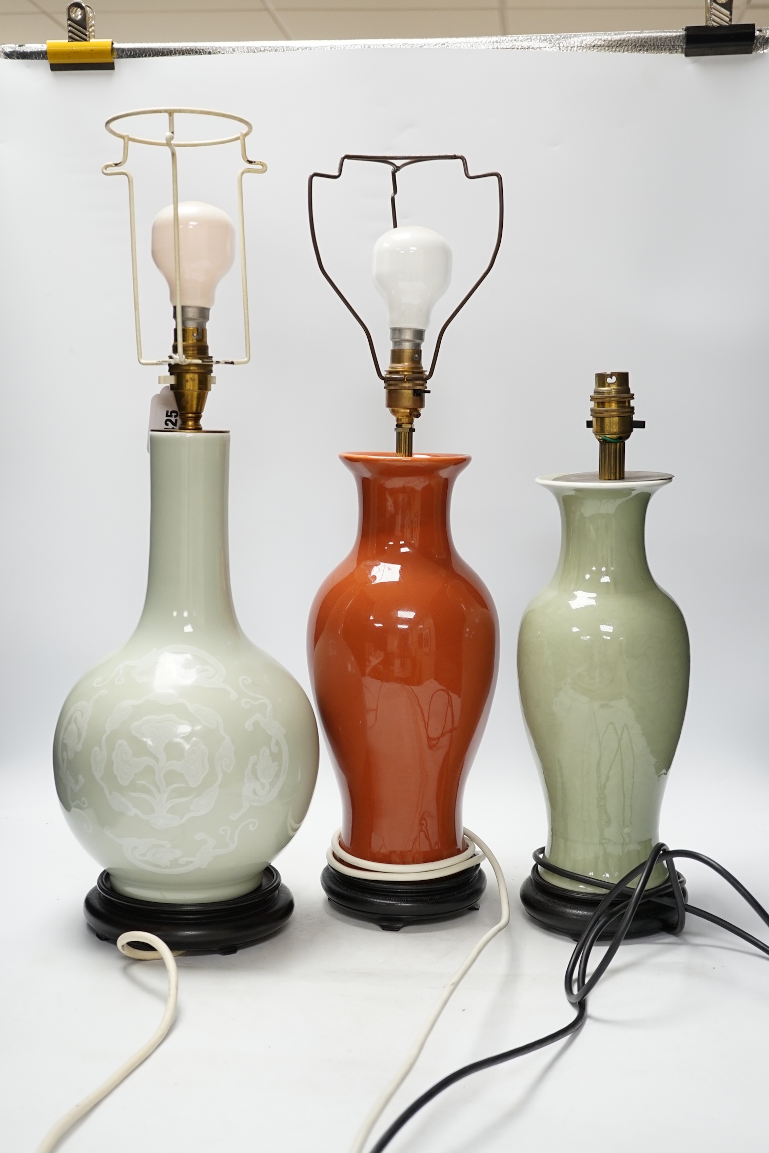 Three Chinese monochrome porcelain lamp bases, 20th century, tallest 38cm high - Image 2 of 5