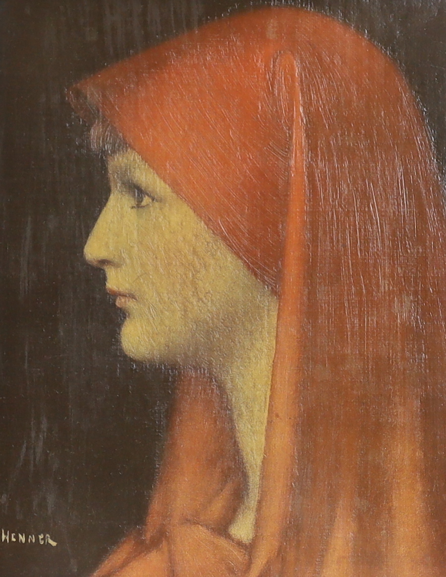 After Jean Jacques Henner (1829-1905), oil on canvas, 'Woman in red', bears signature, 24 x 19cm,