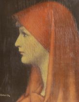 After Jean Jacques Henner (1829-1905), oil on canvas, 'Woman in red', bears signature, 24 x 19cm,