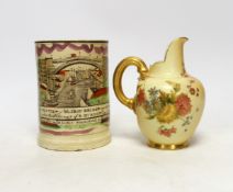 A Sunderland pink lustre pottery frog mug and a Royal Worcester jug, largest 13cm high (2)