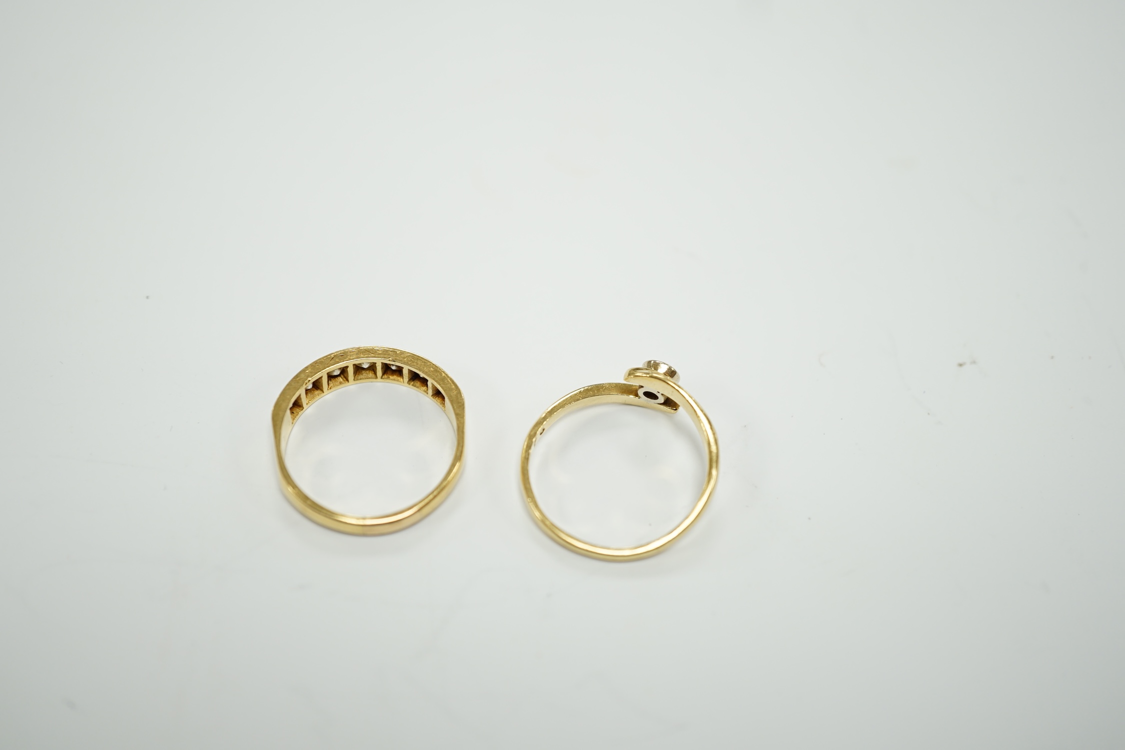 A modern 18ct gold and graduated seven stone diamond set half hoop ring, size O and a similar - Image 9 of 10