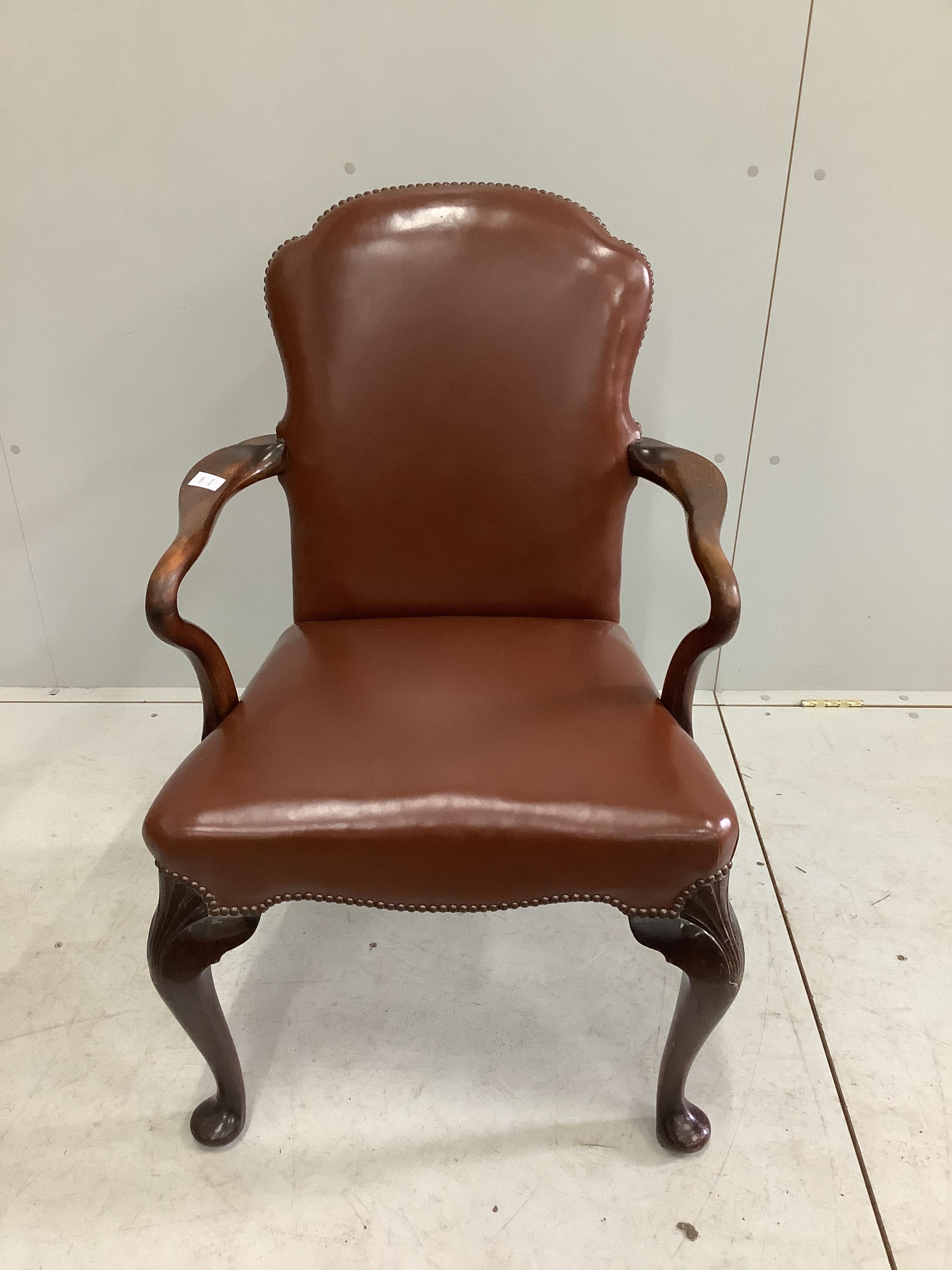 A George II style mahogany elbow chair, width 62cm, depth 50cm, height 94cm