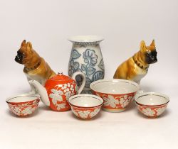 A pair of Russian porcelain models of French bulldogs, a part Chinese (Russian) tea set and a vase
