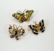 Three assorted butterfly brooches, sterling and enamel, 18k and enamel and 9ct gold and gem set,