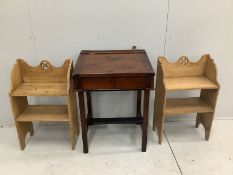 A pair of Gothic style pine two tier bedside tables, width 47cm, depth 24cm, height 76cm, together