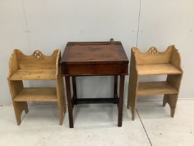 A pair of Gothic style pine two tier bedside tables, width 47cm, depth 24cm, height 76cm, together