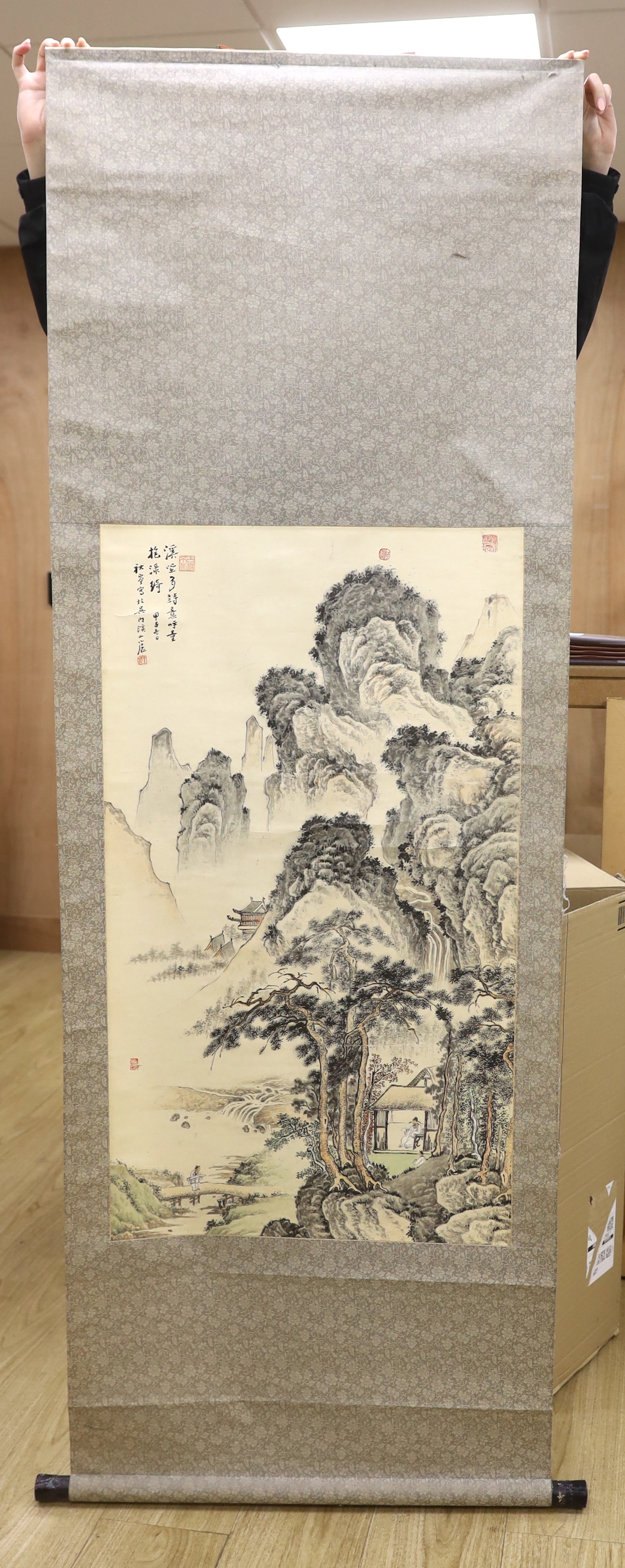 A Chinese painted scroll of a mountain scene, 182cm long - Image 2 of 3