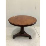 A Victorian circular mahogany tilt top breakfast table, diameter 90cm, height 72cm