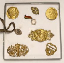 Assorted gilt metal Art Nouveau figural buckles, one signed. F Lasserre, similar hexagonal Art