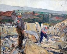 Eastern European School, oil on canvas, Stone breakers in a quarry, indistinctly signed, 58 x 71cm