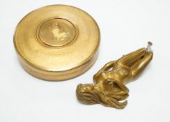 J. Boulanger, a filled bronze female nude, 19cm wide, and an ormolu circular casket, 15.5cm