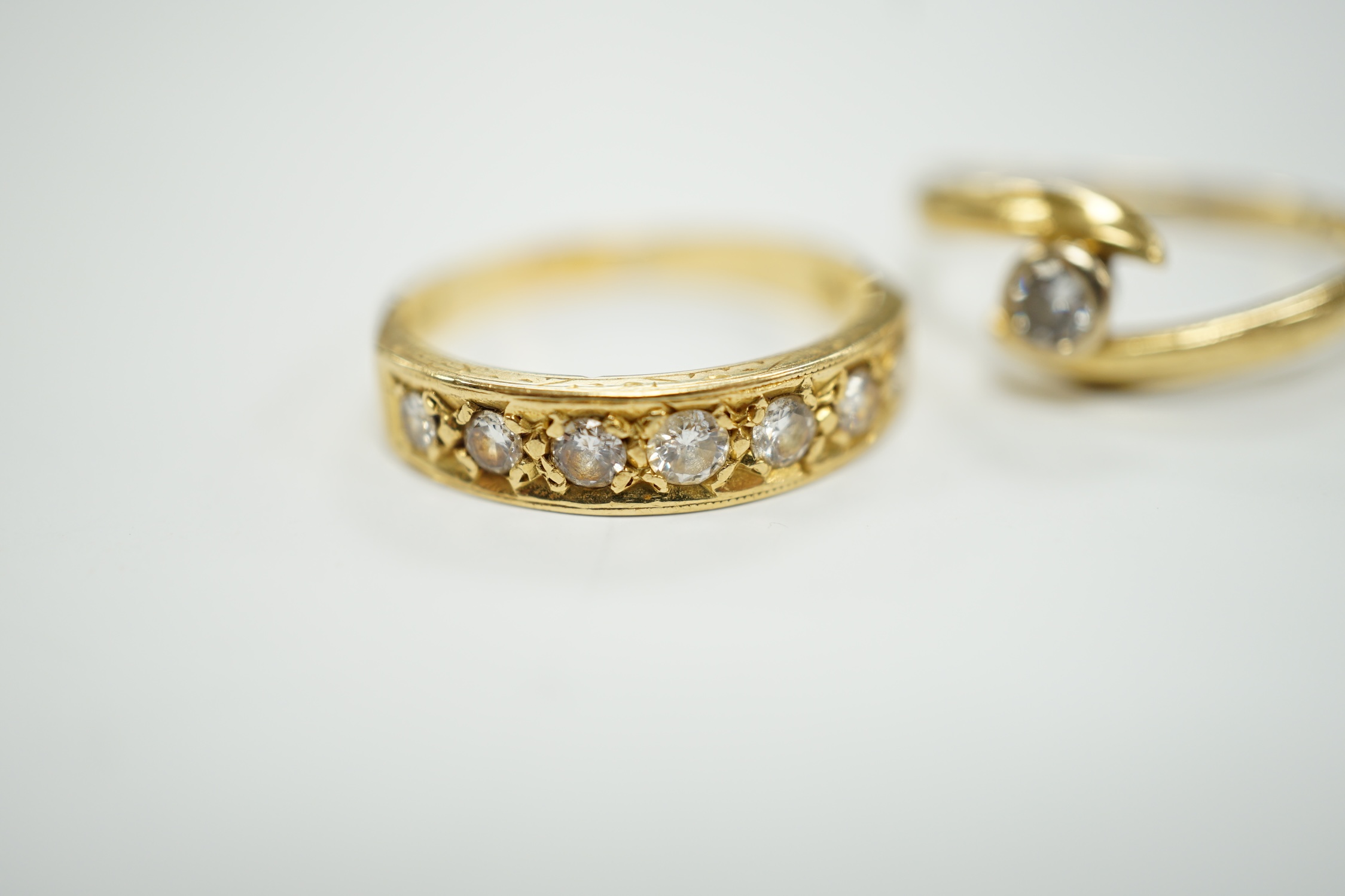 A modern 18ct gold and graduated seven stone diamond set half hoop ring, size O and a similar - Image 3 of 10