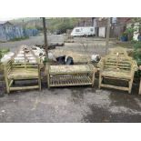 A pair of weathered teak Lutyens style garden armchairs, width 91cm, depth 56cm, height 107cm