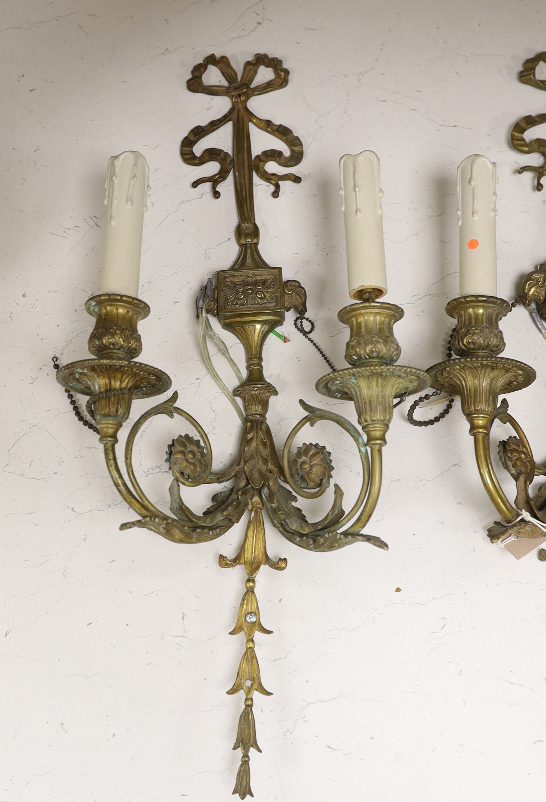 A pair of French Louis XVI style two branch ormolu wall lights, 60cm high - Image 2 of 3