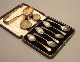 A cased set of six silver teaspoons, Birmingham, 1927, two modern silver lids by S.J. Phillips, a