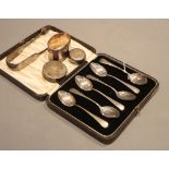 A cased set of six silver teaspoons, Birmingham, 1927, two modern silver lids by S.J. Phillips, a