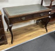 A late Victorian mahogany two drawer writing table, width 110cm, depth 54cm, height 73cm