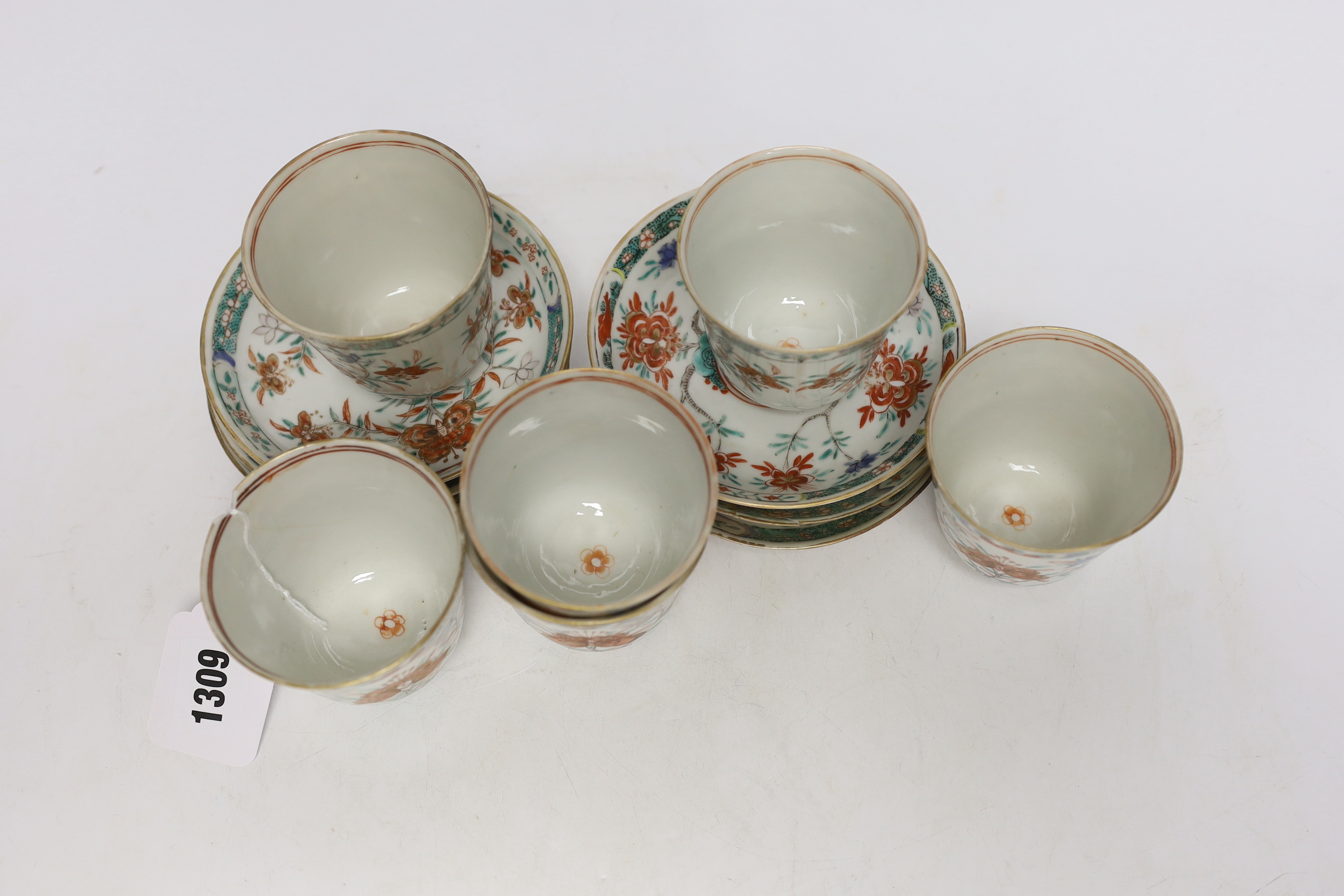 A set of six early 18th century Chinese cups and saucers with Dutch enamelled decoration, c.1710, - Image 3 of 6
