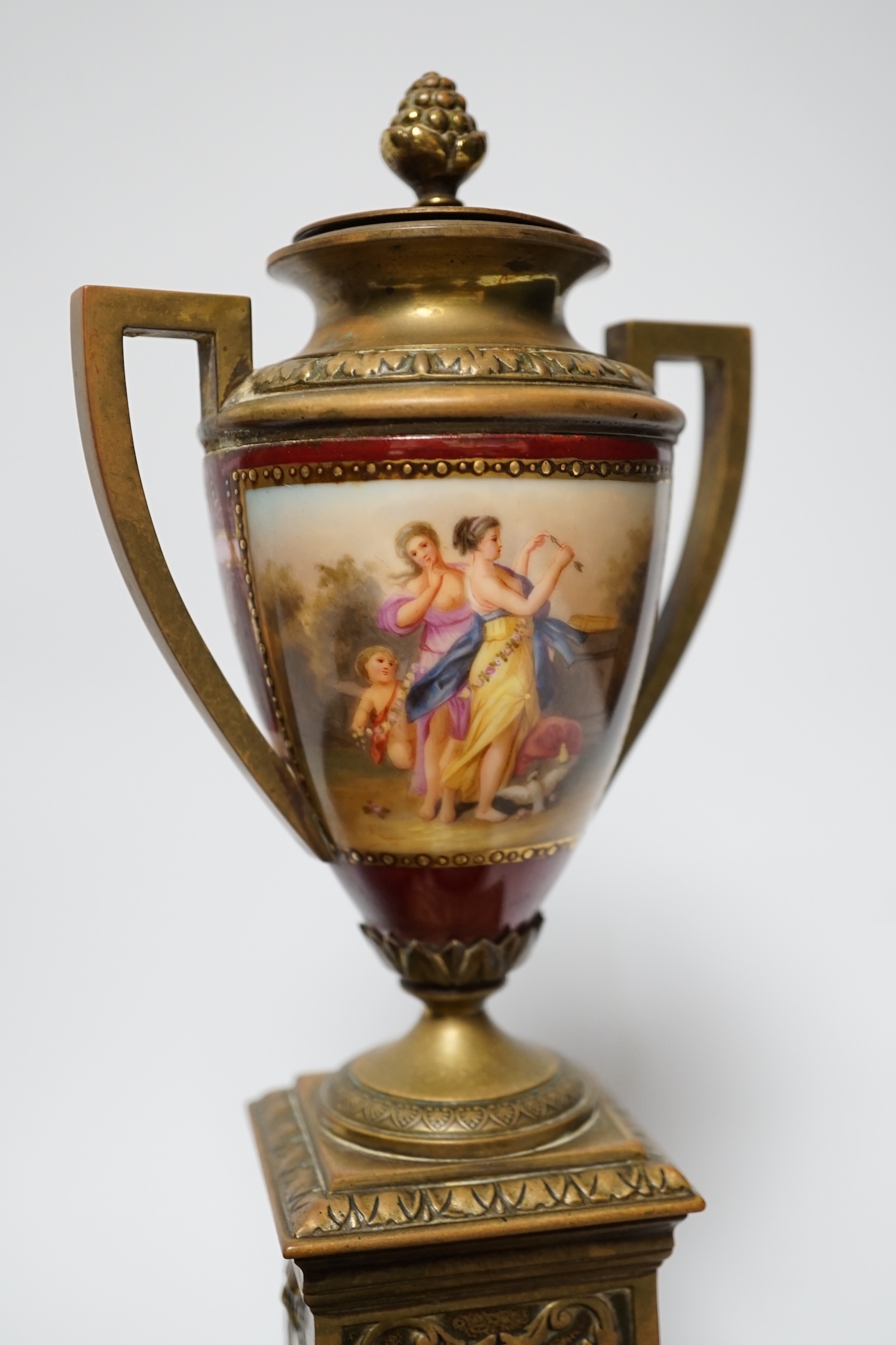 A pair of Vienna style brass mounted urns with enamelled classical scenes and six various Chinese - Image 4 of 6