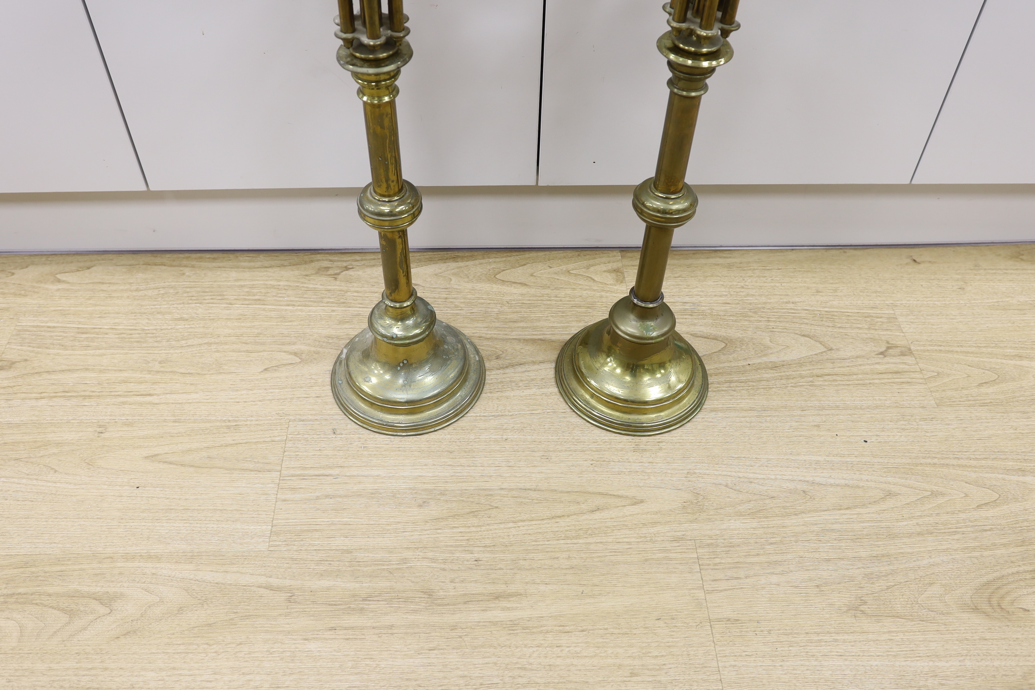 A pair of French brass altar six branch candelabra, 82cm high - Image 3 of 3