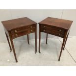 A pair of reproduction George III style mahogany two drawer bedside tables, width 49cm, depth