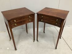 A pair of reproduction George III style mahogany two drawer bedside tables, width 49cm, depth