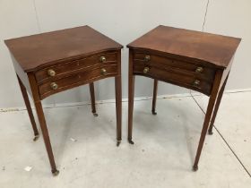 A pair of reproduction George III style mahogany two drawer bedside tables, width 49cm, depth