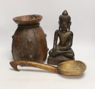 A Burmese lacquered wood figure of Buddha with traces of gilding, 28.5cm, and two other wooden