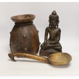 A Burmese lacquered wood figure of Buddha with traces of gilding, 28.5cm, and two other wooden