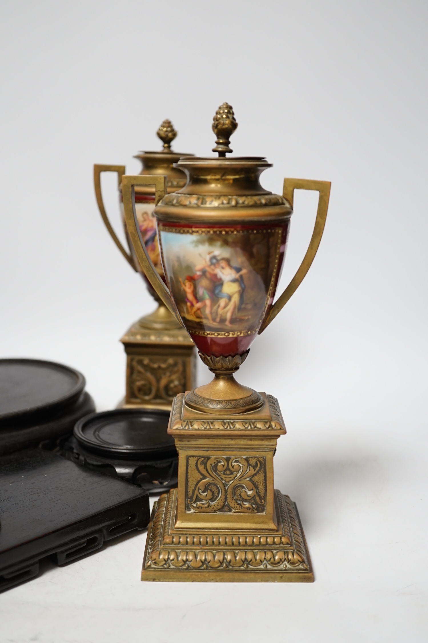 A pair of Vienna style brass mounted urns with enamelled classical scenes and six various Chinese - Image 2 of 6