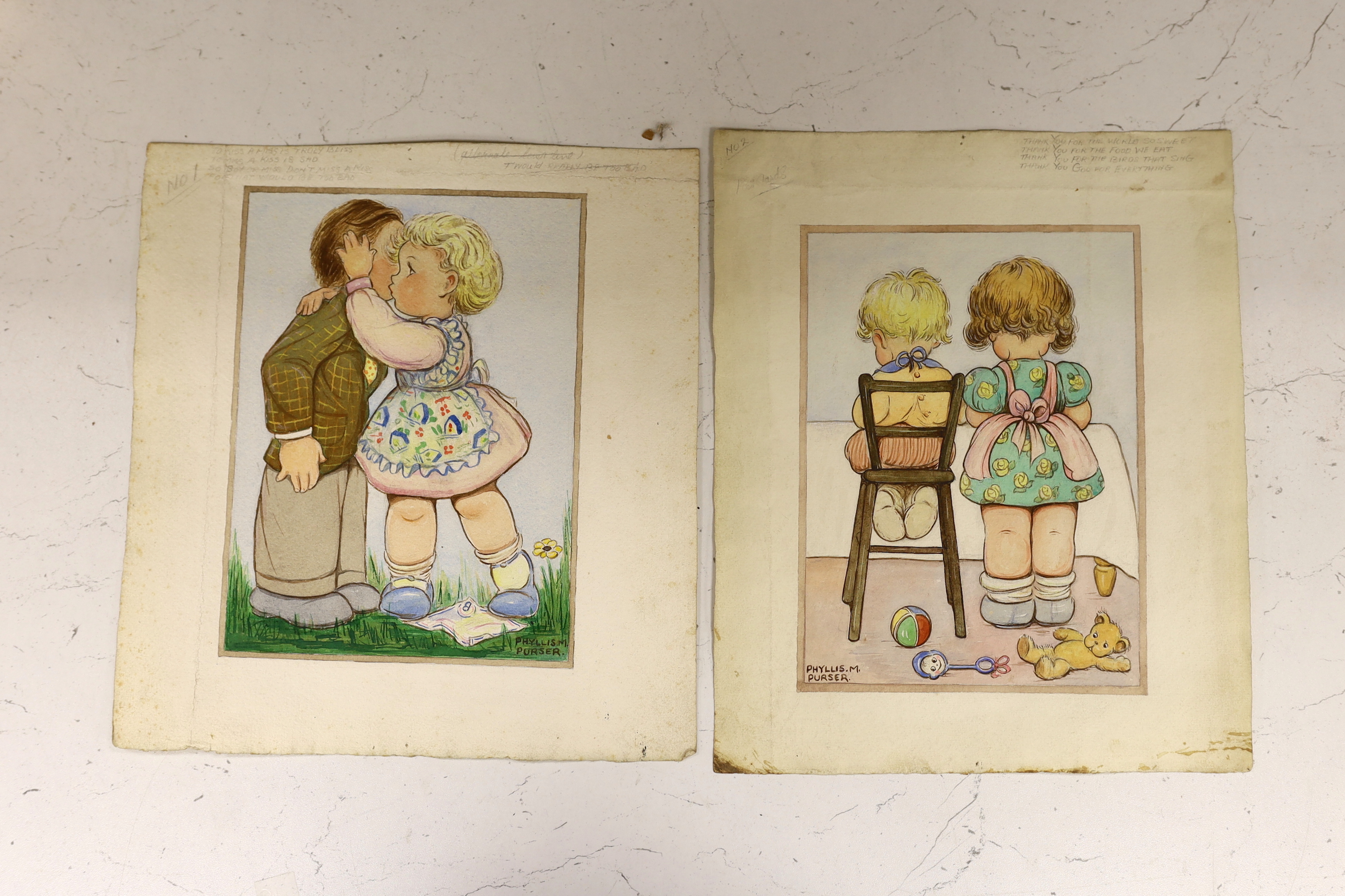 Phyllis Purser (1893-1990), six original watercolours on card for postcard designs, Humourous - Image 2 of 4