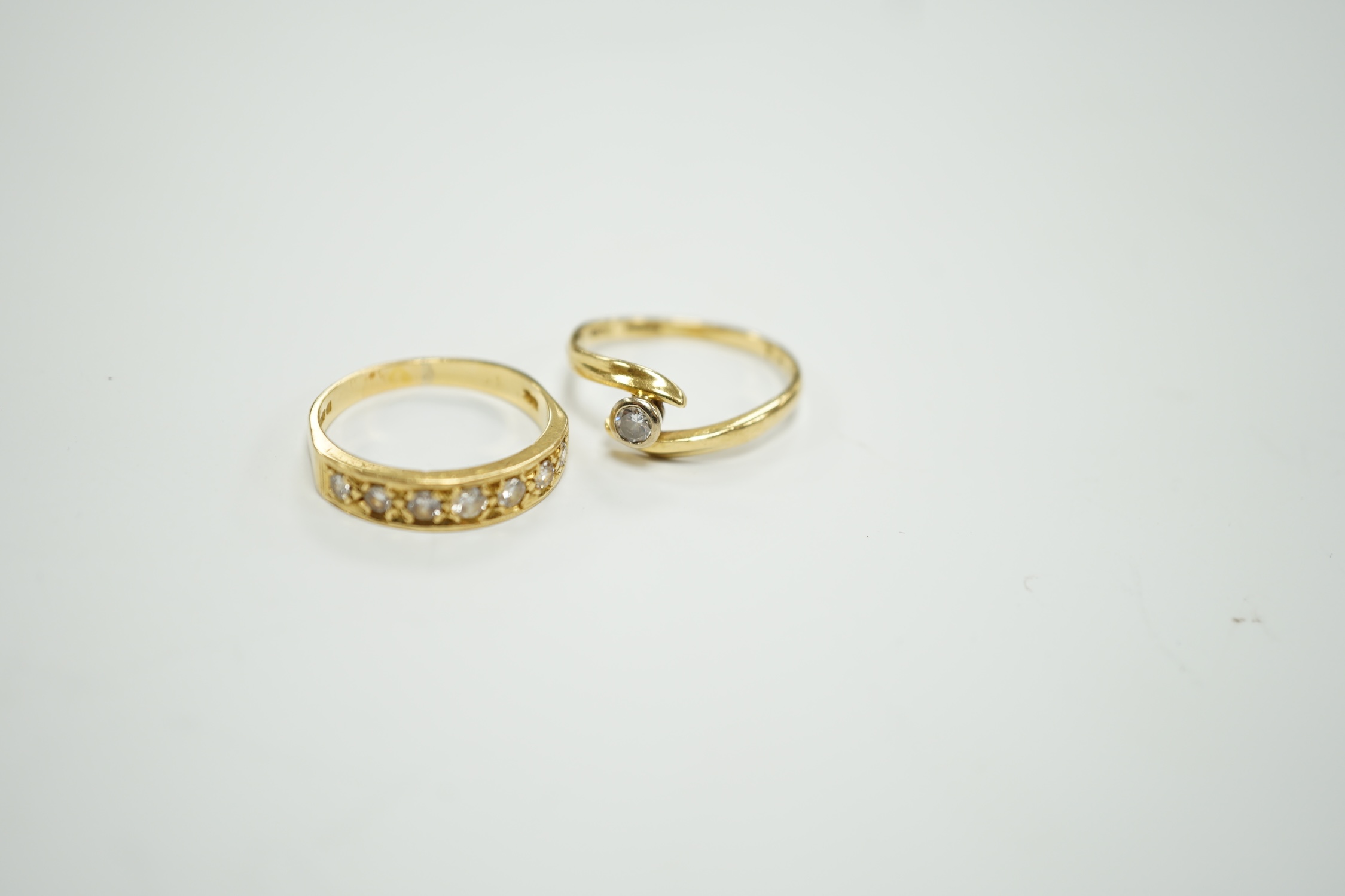 A modern 18ct gold and graduated seven stone diamond set half hoop ring, size O and a similar - Image 2 of 10